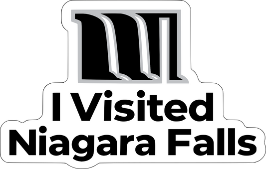 I Visited Niagara Falls souvenir sticker — black artwork with silver-ink accents on white; screen simulation of metallic appearance