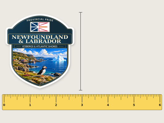Newfoundland and Labrador badge decal, 3 in size beside a 6 in ruler