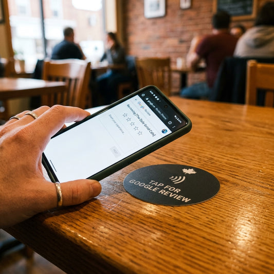 Customer tapping a phone on a CAN-TAP NFC review decal