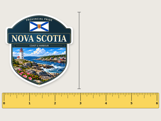 Nova Scotia badge decal, 3 in size beside a 6 in ruler