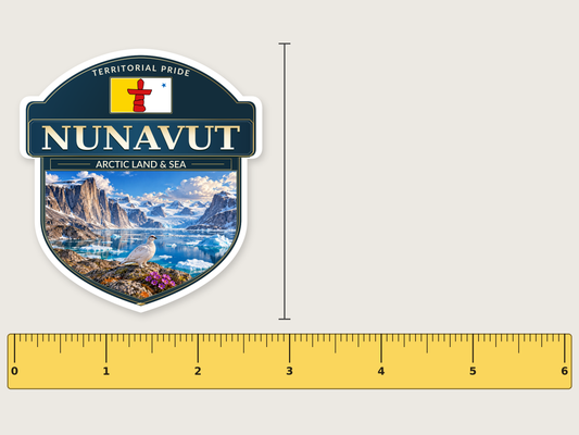 Nunavut badge decal, 3 in size beside a 6 in ruler