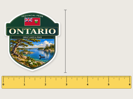 Ontario badge decal, 3 in size beside a 6 in ruler