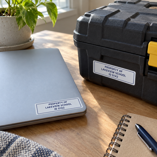 Lakeview School property labels on a laptop lid and a tool case.