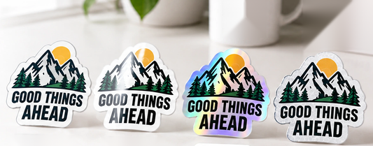 The same die-cut sticker in four finishes: matte vinyl, gloss vinyl, holographic and reflective - custom die-cut stickers printed in Ontario