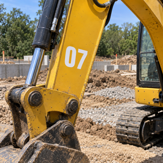 White vinyl number 07 on a yellow compact excavator bucket arm at a construction site in daylight.