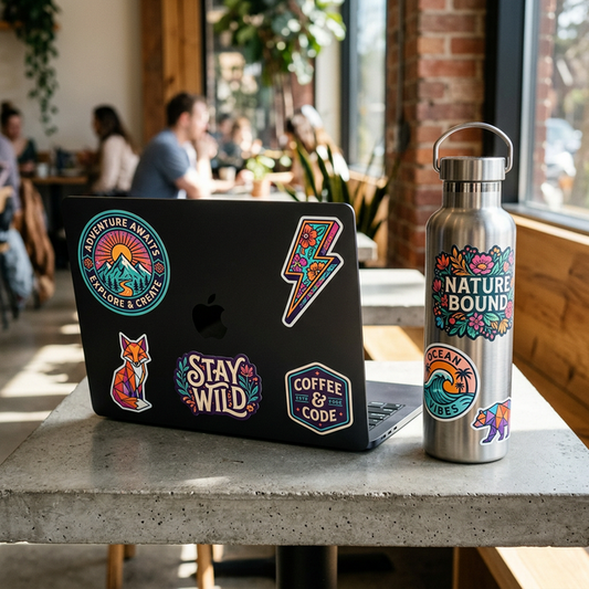 Die-cut stickers decorating a laptop and metal water bottle on a café table.