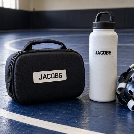 Jacobs name stickers on a headgear case and water bottle on a wrestling mat.