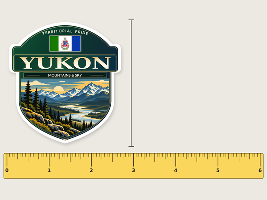 Yukon badge decal, 3 in size beside a 6 in ruler