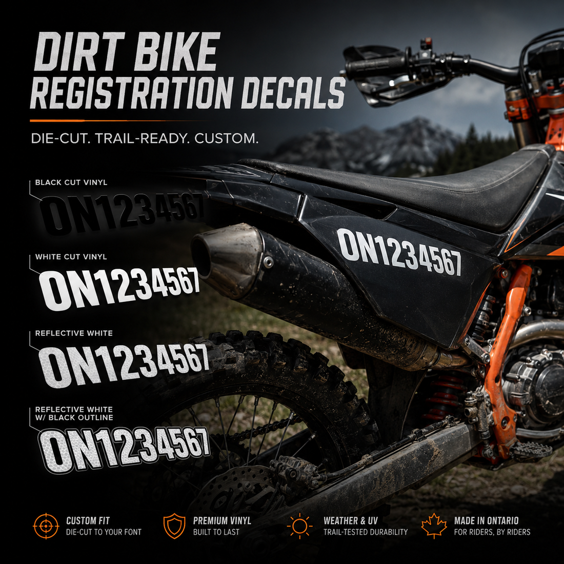 Dirt bike registration number decals on an off-road motorcycle with die-cut finish examples