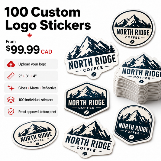 One hundred custom logo stickers laid out in a grid, printed on white vinyl in Canada