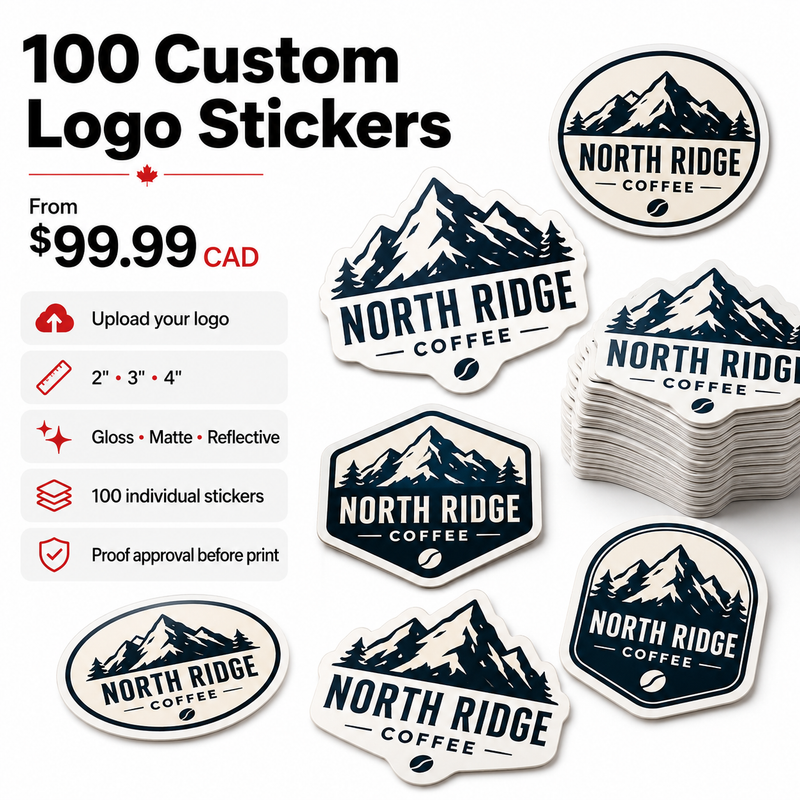 One hundred custom logo stickers laid out in a grid, printed on white vinyl in Canada