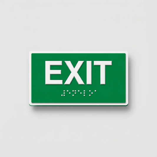 Accessible exit sign with tactile lettering and braille