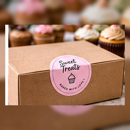 Round custom bakery seal applied to a kraft bakery box.