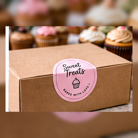 Round custom bakery seal applied to a kraft bakery box.