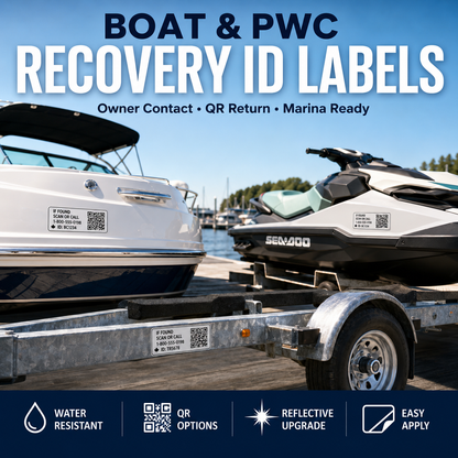 Boat and PWC recovery ID labels for owner contact QR return and marine gear identification