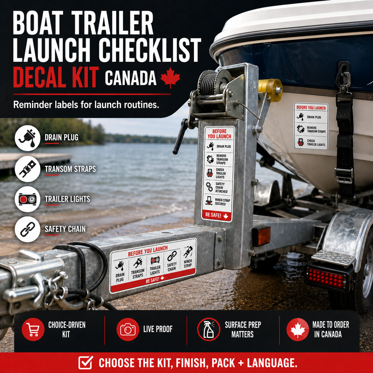 Boat trailer launch checklist decal kit with buyer-selected kit finish pack and language