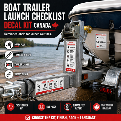 Boat trailer launch checklist decal kit with buyer-selected kit finish pack and language