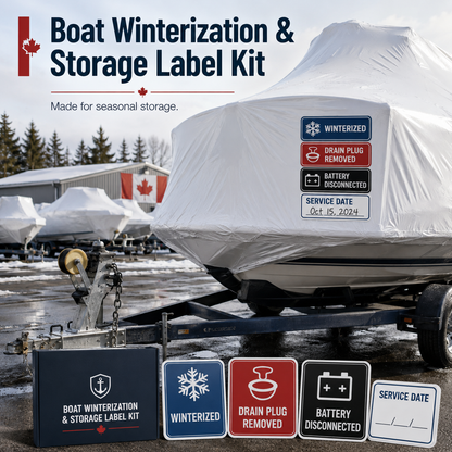 Boat winterization and storage label kit shown on a wrapped vessel with status labels