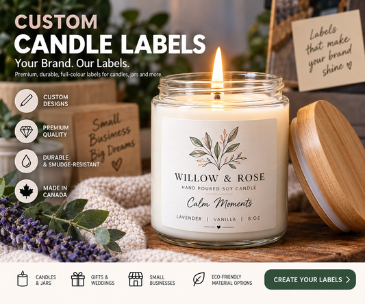Custom candle brand label shown on a glass candle jar.
