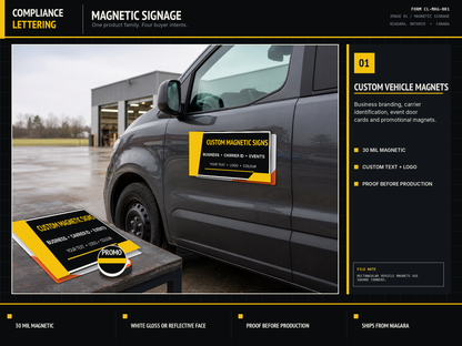 Removable magnetic carrier identification signs on a work truck