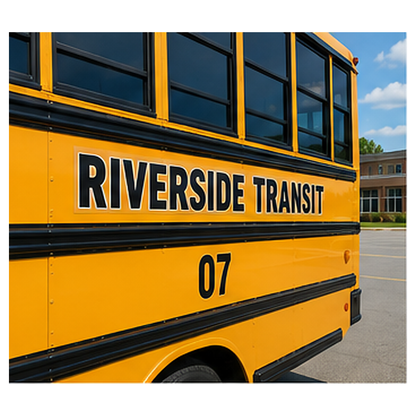Installed Ontario school bus operator-name and unit-ID lettering on a yellow school bus side panel