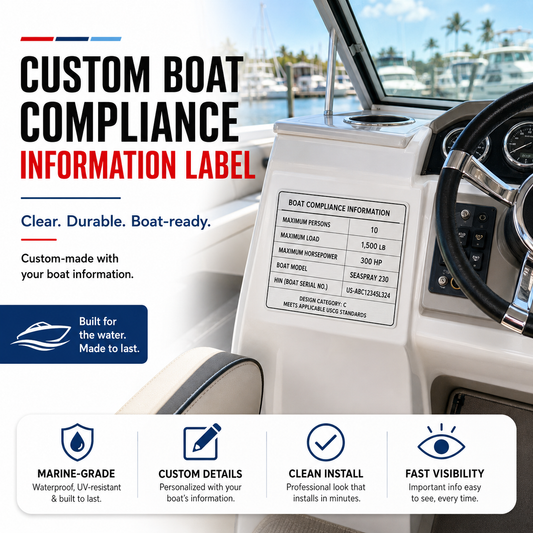 Custom Boat Compliance Information Label installed on a boat helm console showing a clean marine-grade compliance label with custom boat details.