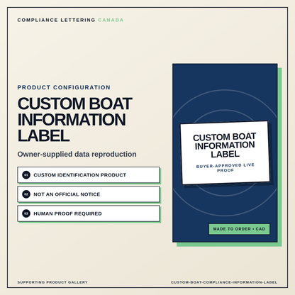 Custom boat information label made only from owner supplied data