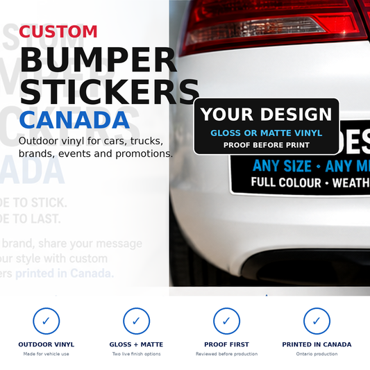 Custom bumper stickers printed in Ontario — waterproof vinyl, multiple sizes, full-colour printing