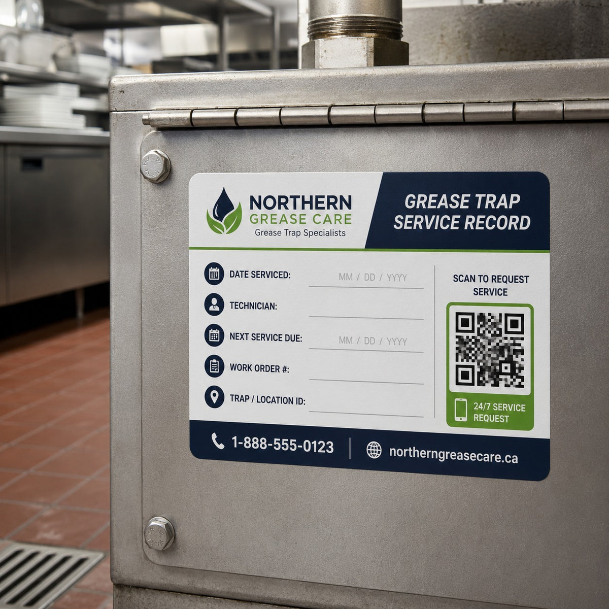 Sample custom grease trap service record sticker installed on a commercial kitchen grease interceptor access panel