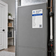 Sample custom HVAC service record sticker installed at realistic scale on a residential furnace panel