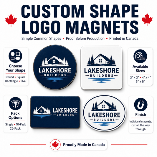 Custom logo magnets in round, square, rectangle and oval shapes, printed in Canada