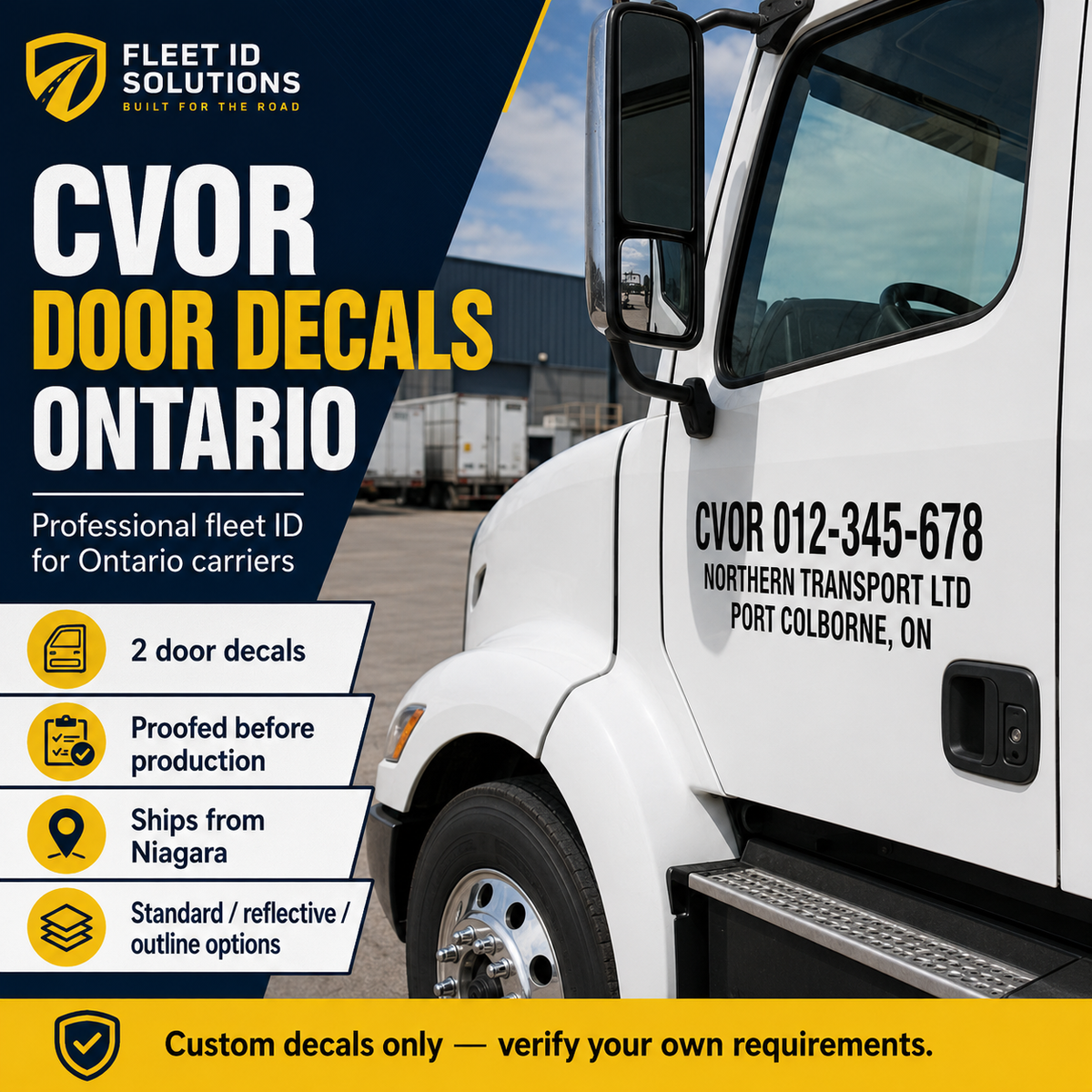 CVOR door decals shown on a white commercial truck