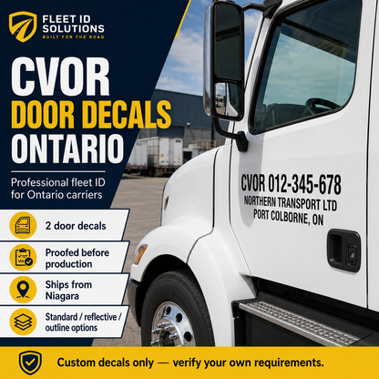CVOR door decals shown on a white commercial truck