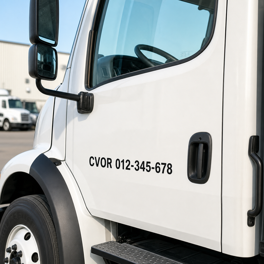 CVOR number-only black cut-vinyl reference decal shown on a white commercial truck door