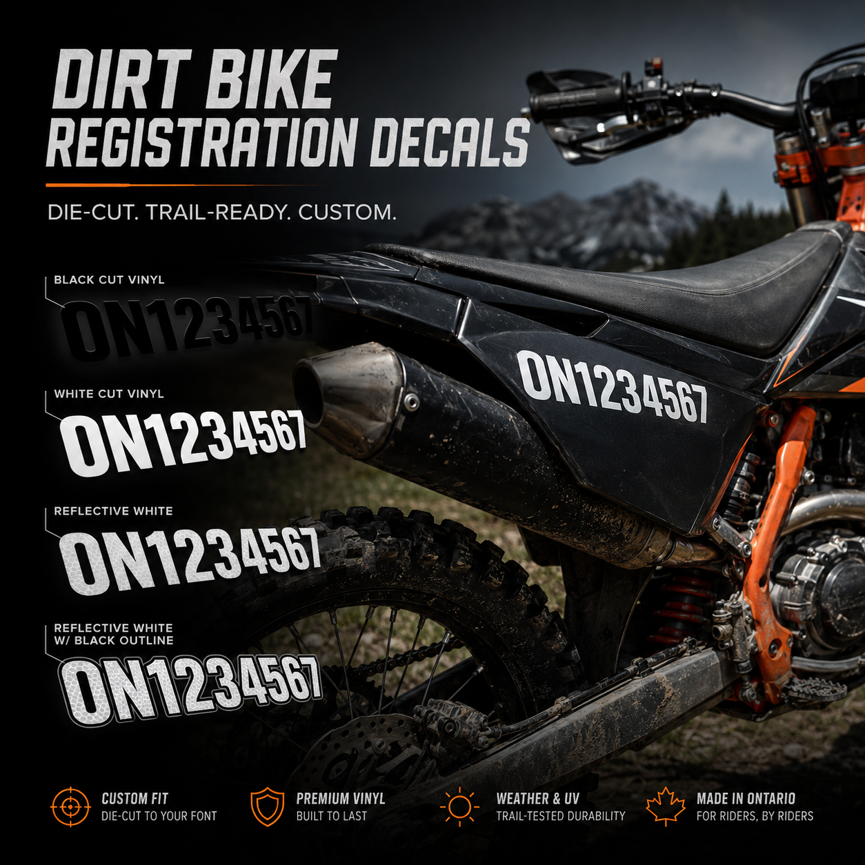 Dirt bike registration number decals on an off-road motorcycle with die-cut finish examples