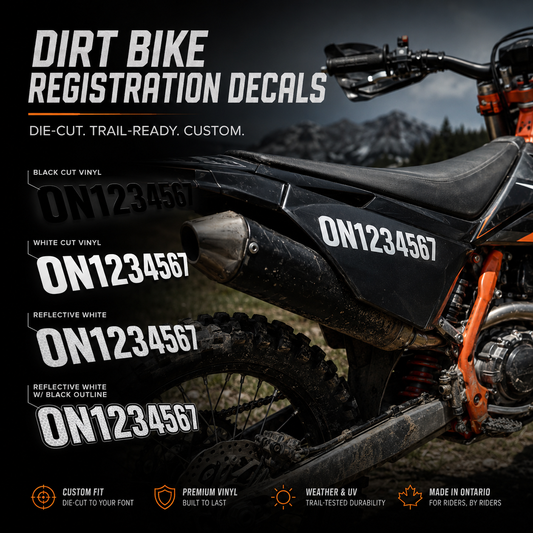 Dirt bike registration number decals on an off-road motorcycle with die-cut finish examples