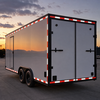Illustrative red and white reflective tape application on an enclosed trailer
