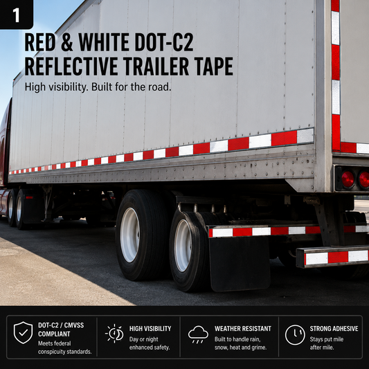 Red and white DOT-C2 reflective trailer tape installed on commercial trailer
