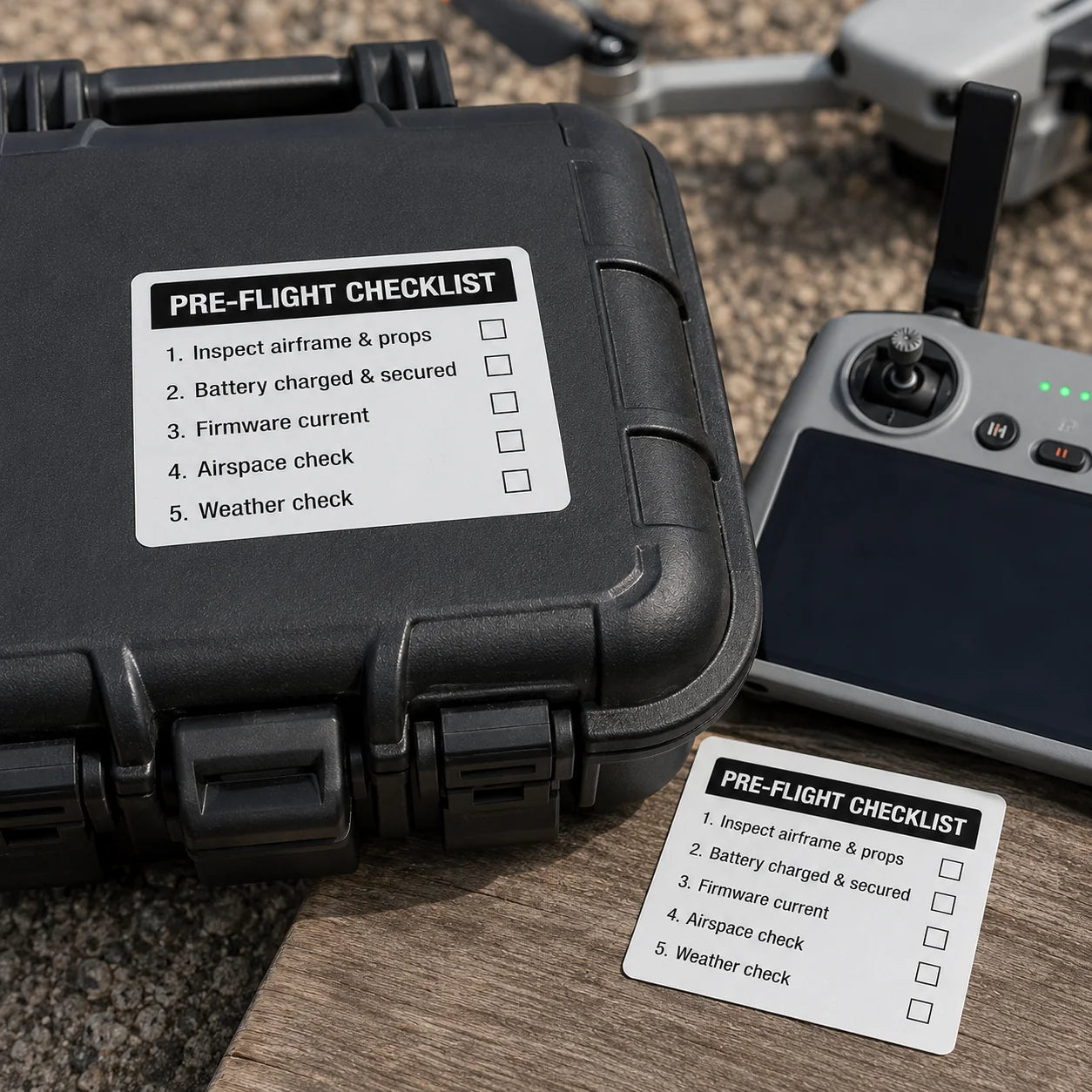Drone pre-flight kit and identification decals outdoors