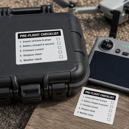 Drone pre-flight kit and identification decals outdoors