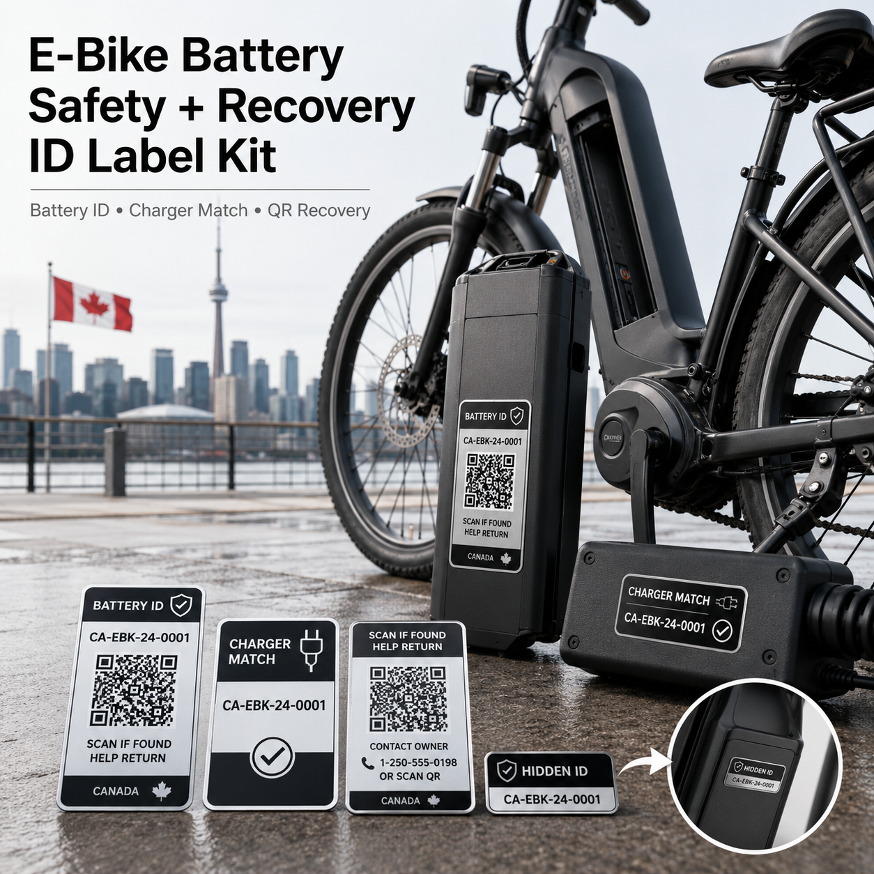E-bike battery recovery ID label kit shown on a removable battery and matching charger