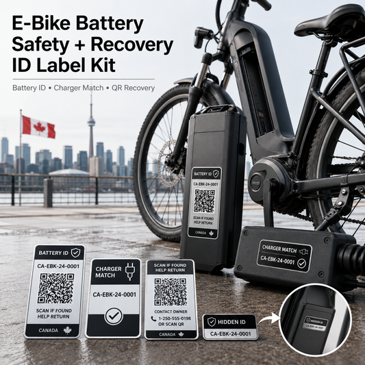E-bike battery recovery ID label kit shown on a removable battery and matching charger