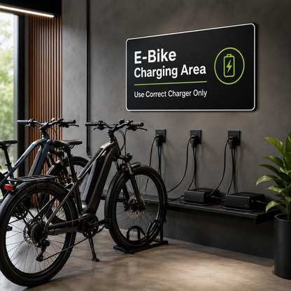 E-bike charging station sign shown in a modern commercial charging area