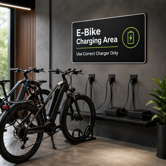 E-bike charging station sign shown in a modern commercial charging area