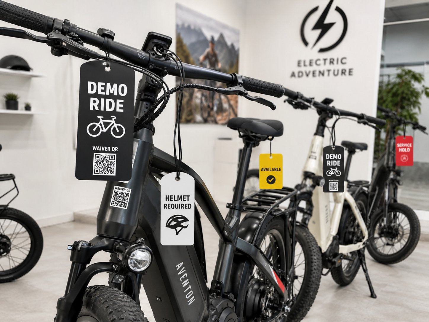 E-bike demo ride waiver tag kit shown on bikes in a dealer showroom