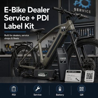 E-bike service label kit for matching bikes batteries chargers and shop records