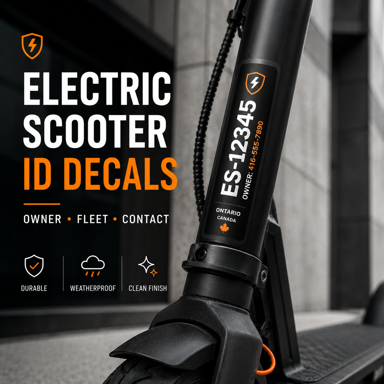 Electric scooter owner and fleet ID labels shown in a premium black and orange layout
