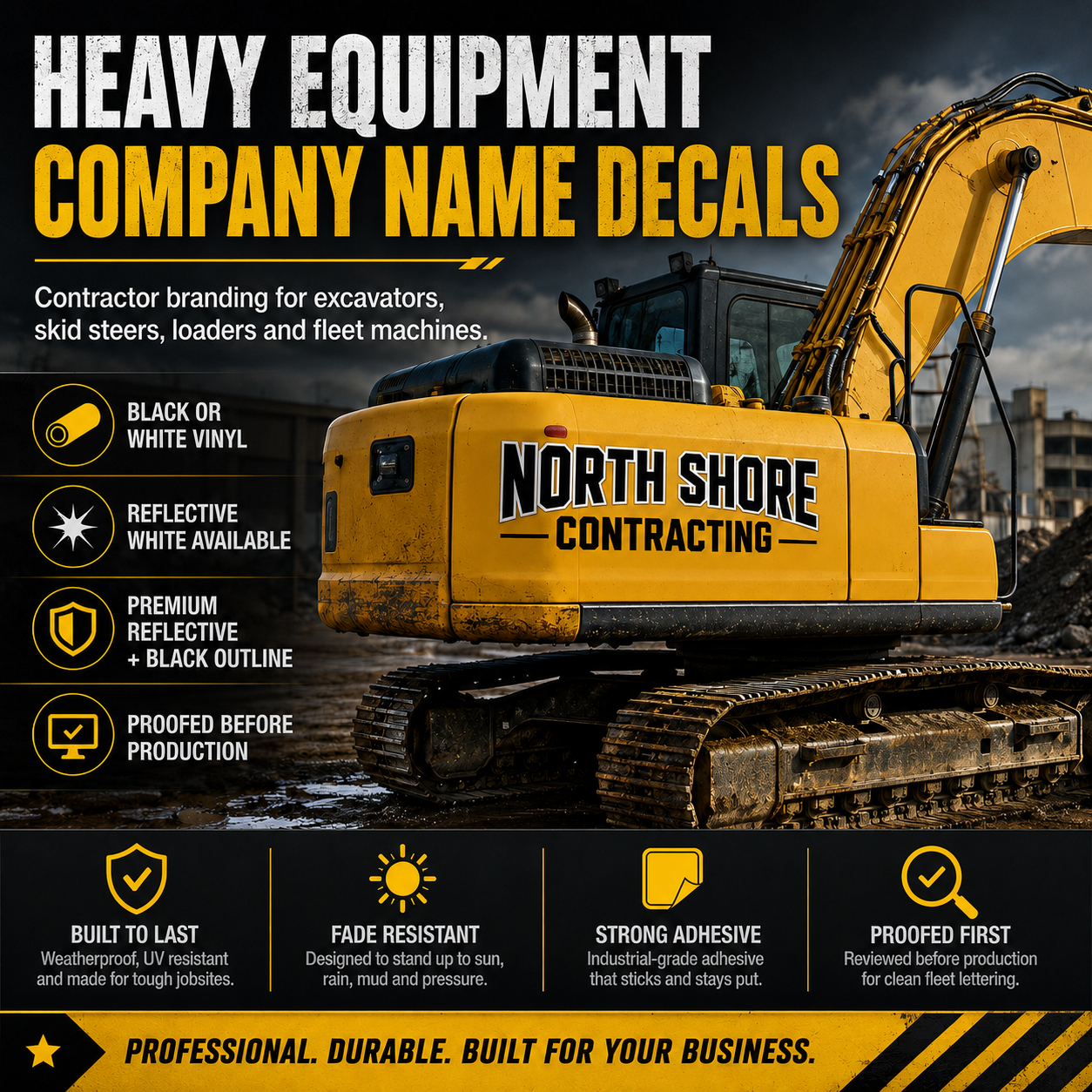 Heavy equipment company name decals on excavator for contractor branding