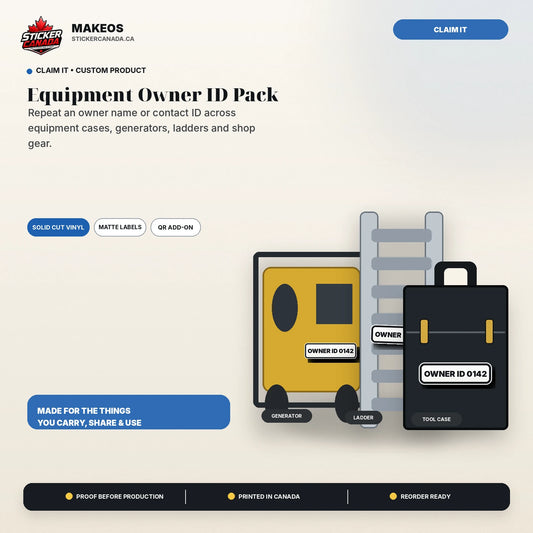 Equipment ID labels for tools and gear, printed in Canada
