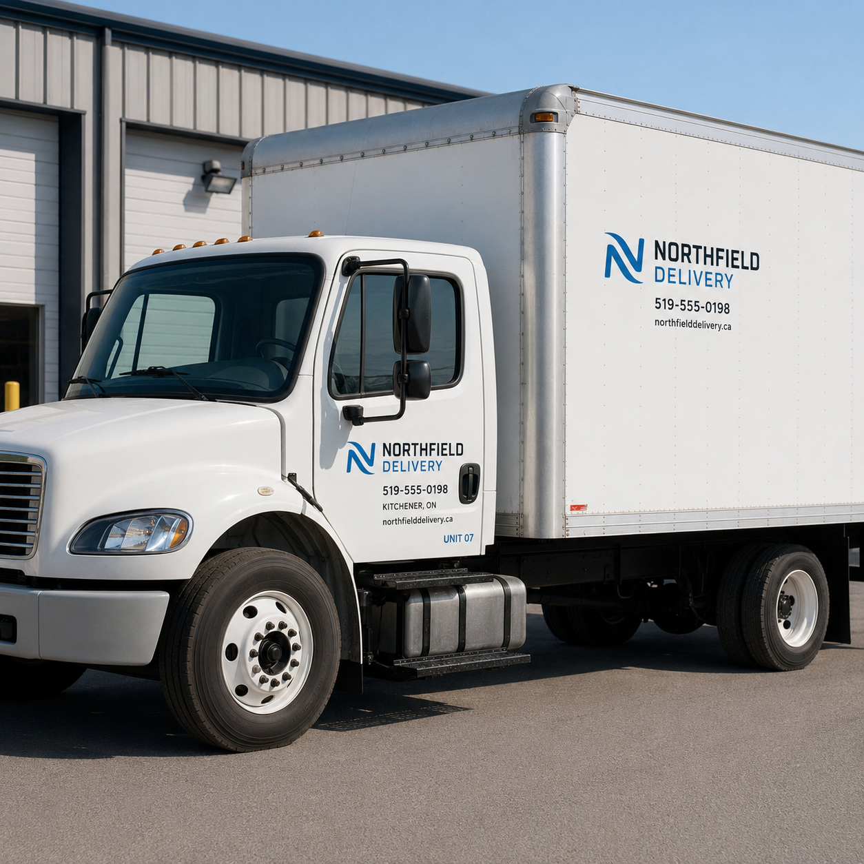 White box truck with clean commercial lettering parked outside warehouse